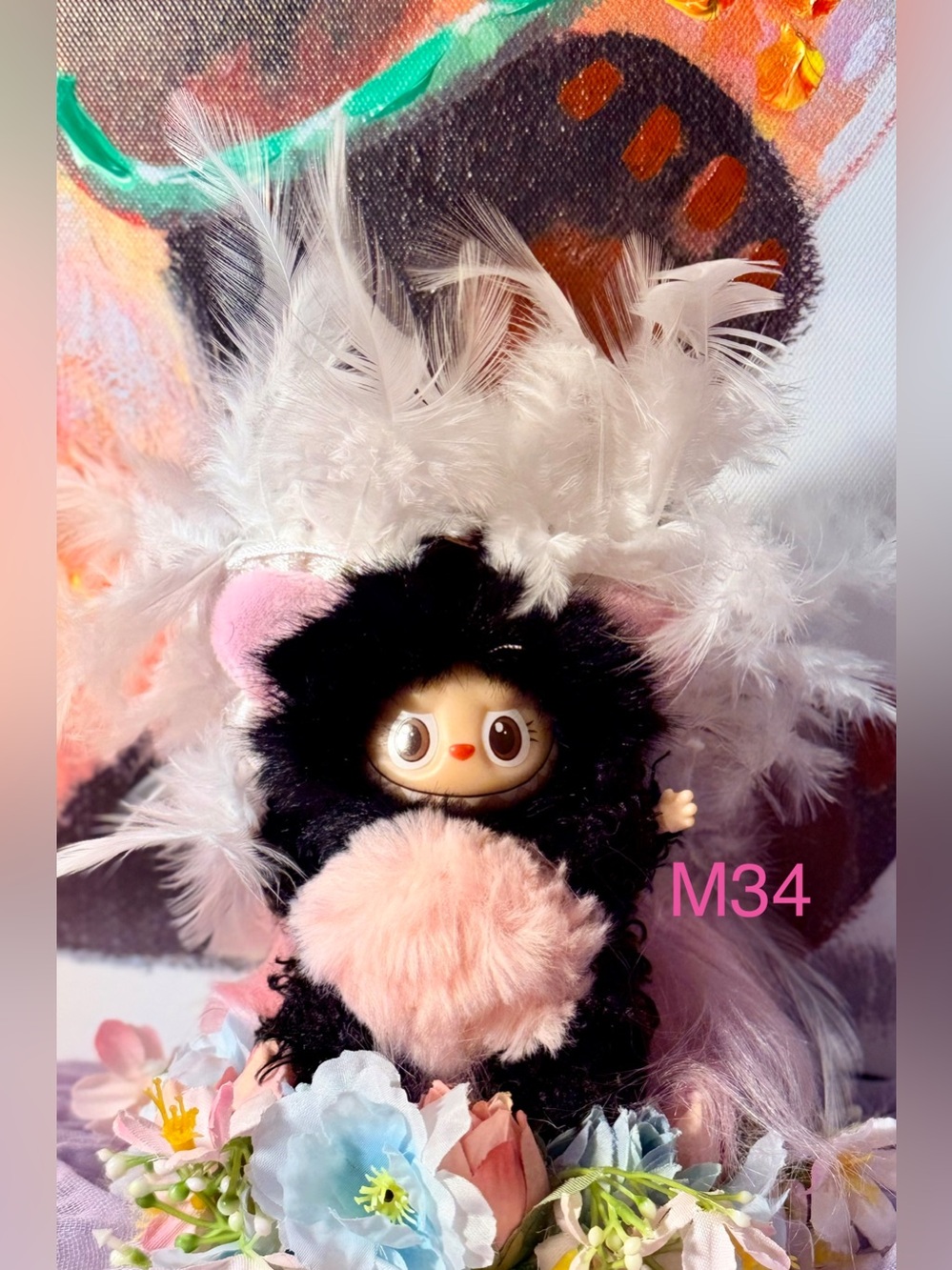 Black & Pink Fuzzy Character Plush with Feather Wings